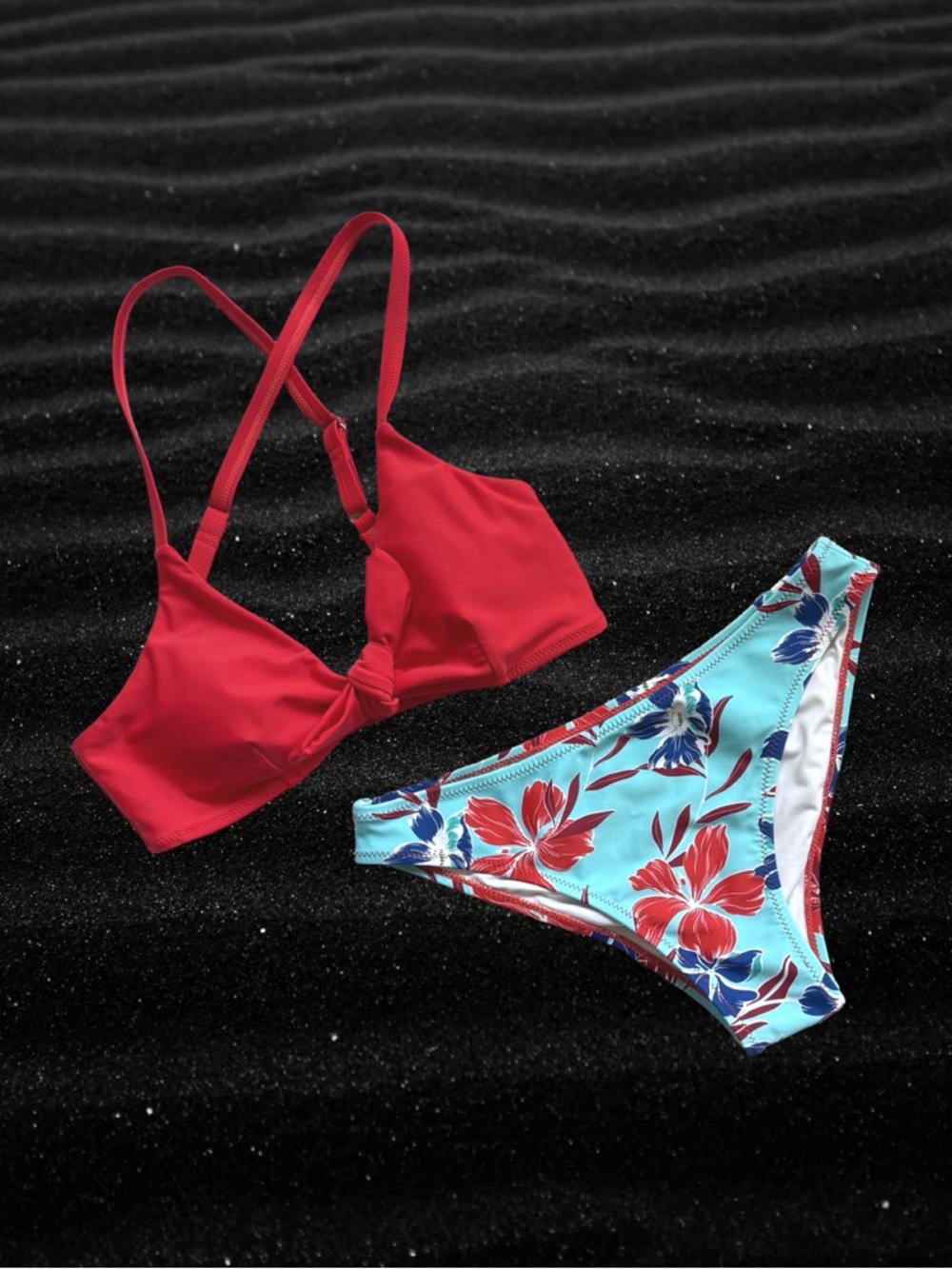 CUPSHE Red Knotted Bralette & Blue Floral Bikini Set Small